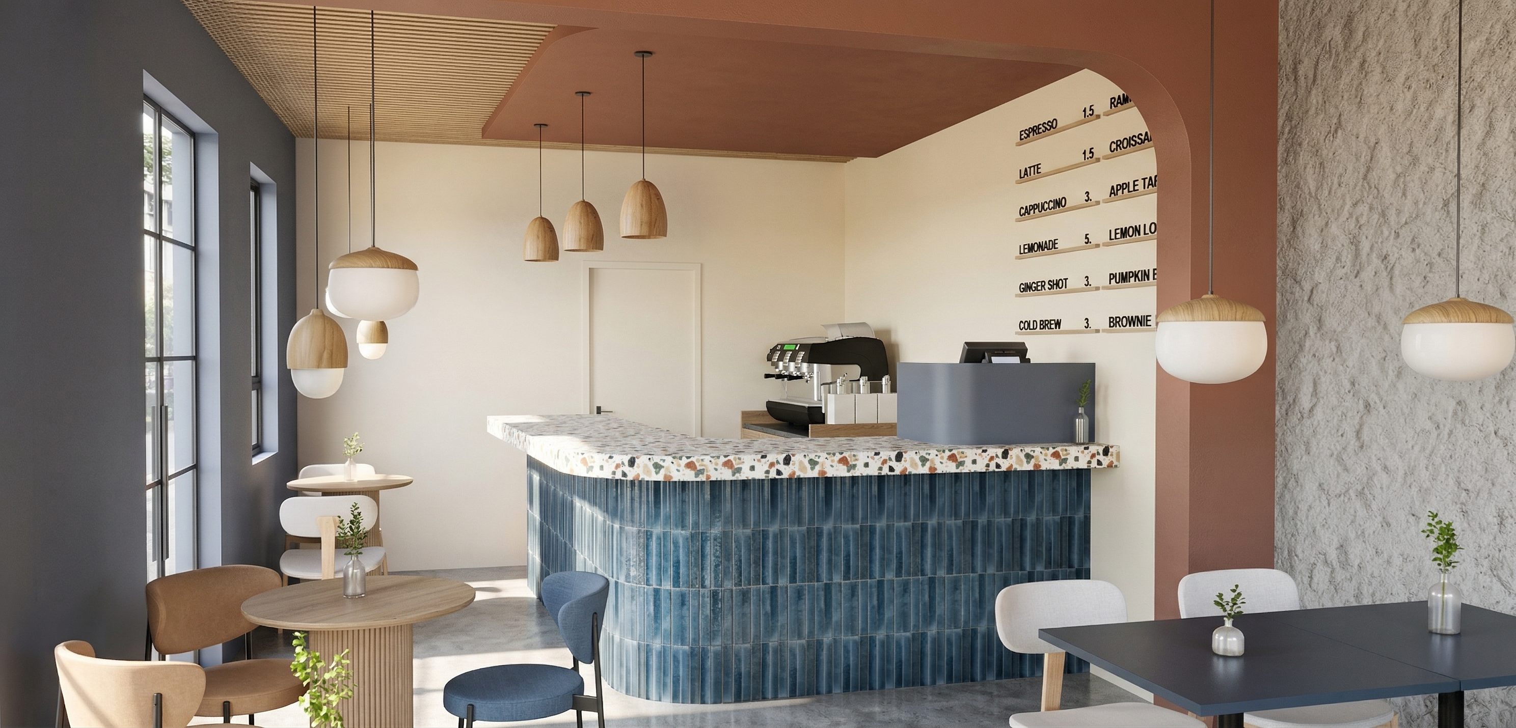 Bar counter with fluted blue tiles and terrazzo top