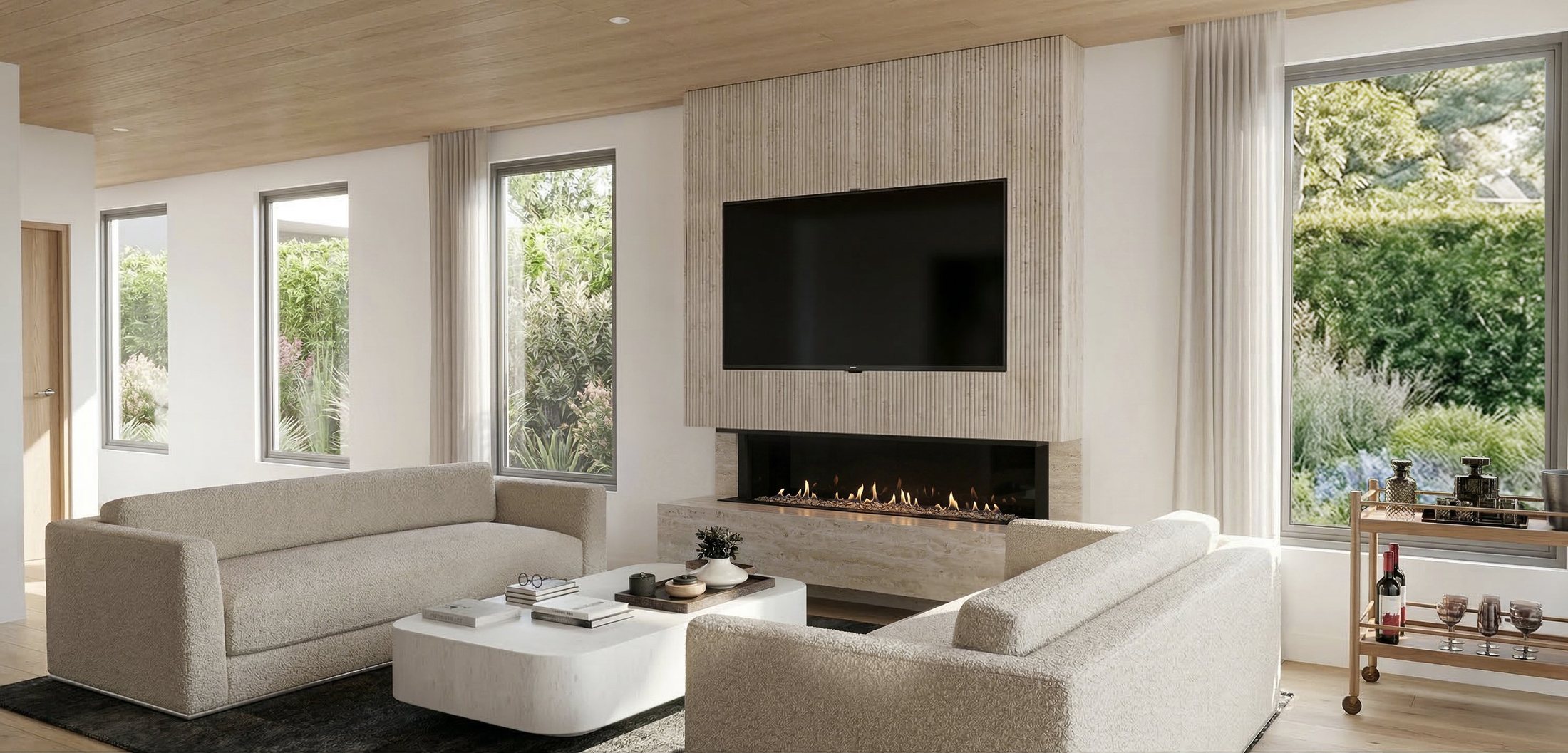 Lounge with travertine fireplace