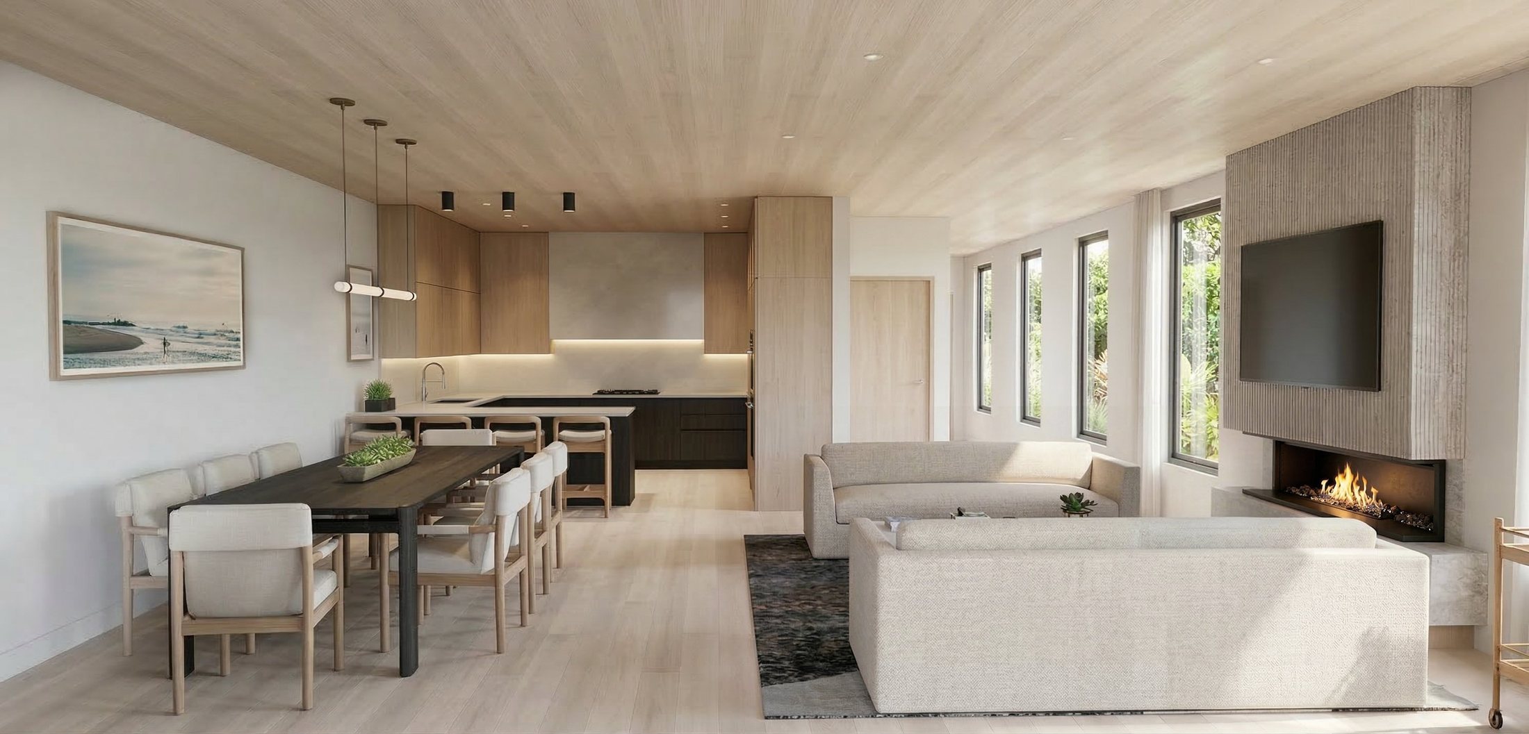 Great room with linear fireplace